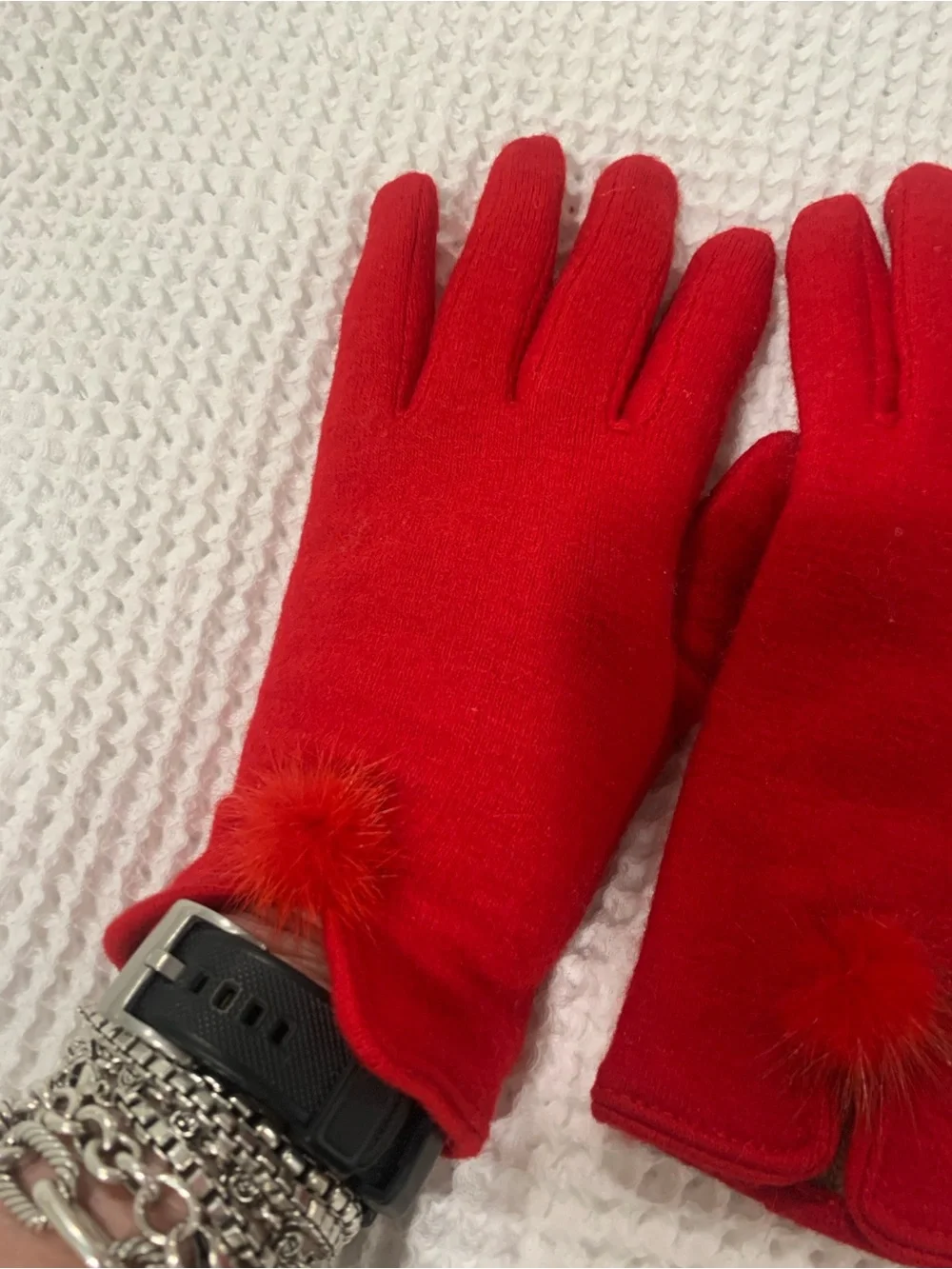 Bright red wool gloves with Pom Pom